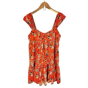 Free People Pattern Play Babydoll Mini Dress SZ Medium Floral Coral Orange Cream